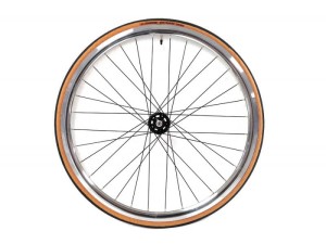 Koło Srebrne przód ostre koło torowe  czrne szprychy i piasty Santafixie 30 mm + Opony czarno beżowe